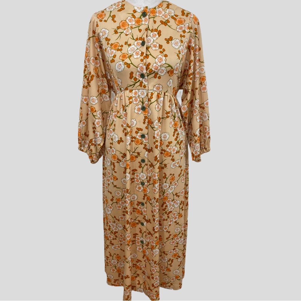 Vintage 70s Orange White Green Floral Button Front Maxi Dress